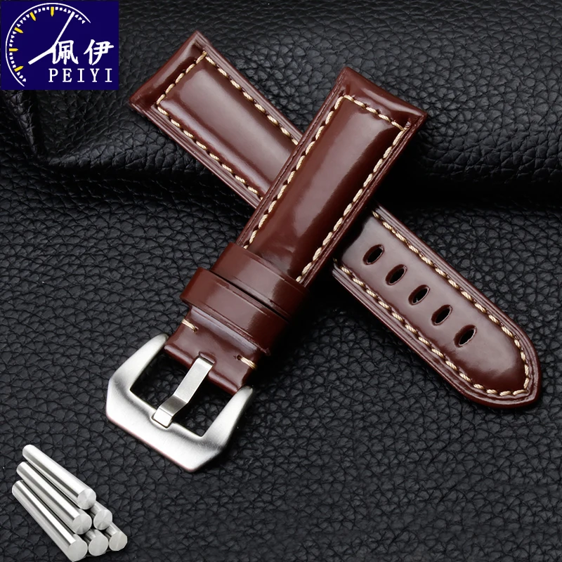 

PEIYI 22mm 24mm retro glossy brown leather strap replacement men's watchband with pin clasp 44 mm dial strap for PAM111 441