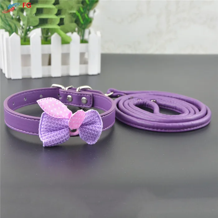 Вязаный бант стиль ошейник для собак кожаный регулируемый для собаки ошейник и поводок набор с подарком - Цвет: Purple