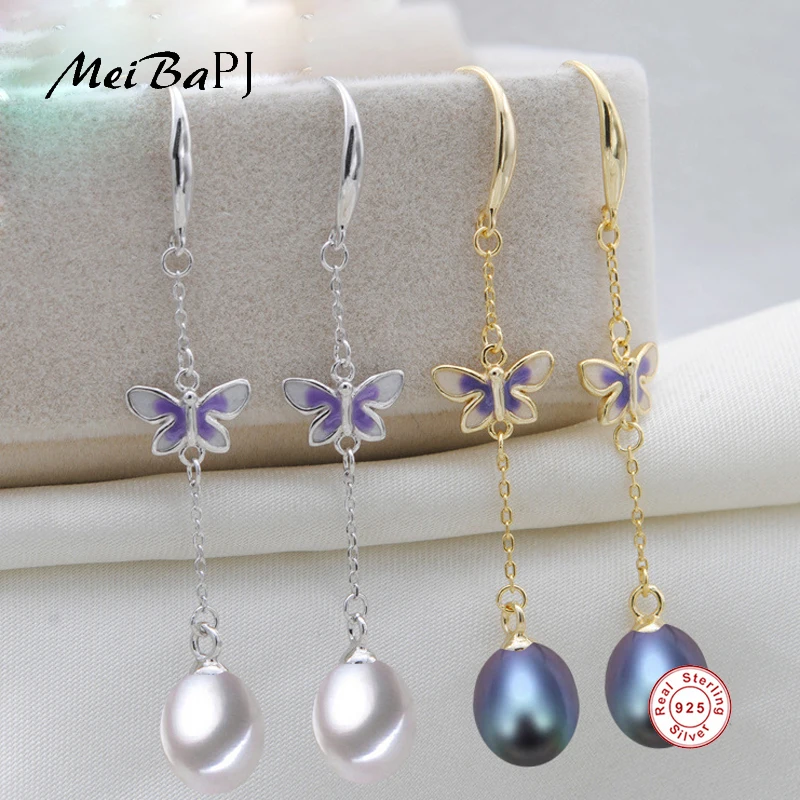 

[MeiBaPJ]Natural Freshwater Pearl Colour Butterfly Drop Earrings Real 925 Sterling Silver Fashion Earrings for Women