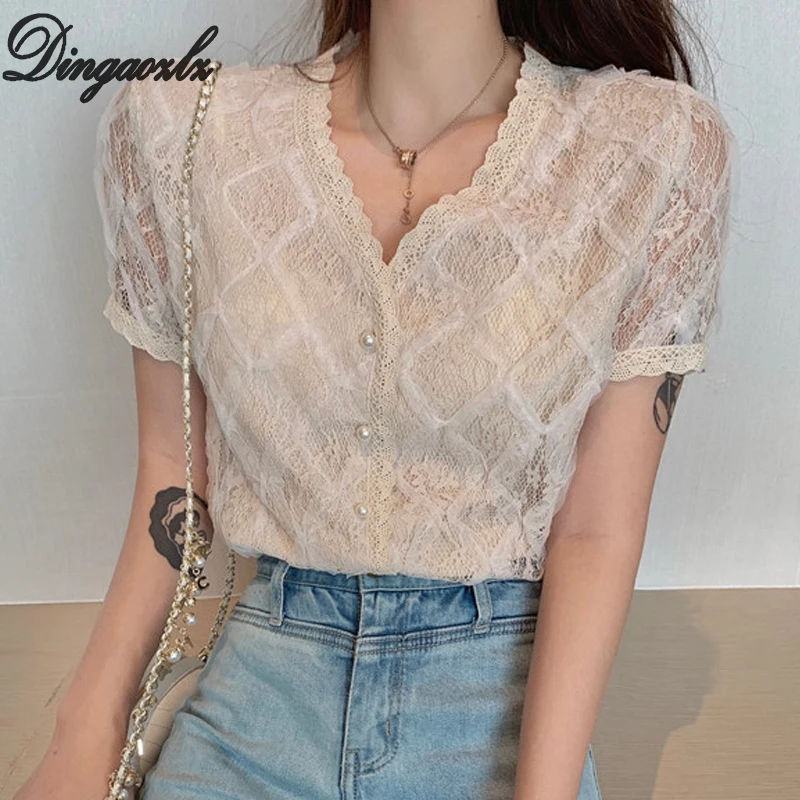 

Dingaozlz Summer lace blouse Elegant V-neck Women shirt New fashion Short sleeve Lady Tops Casual Chiffon shirt