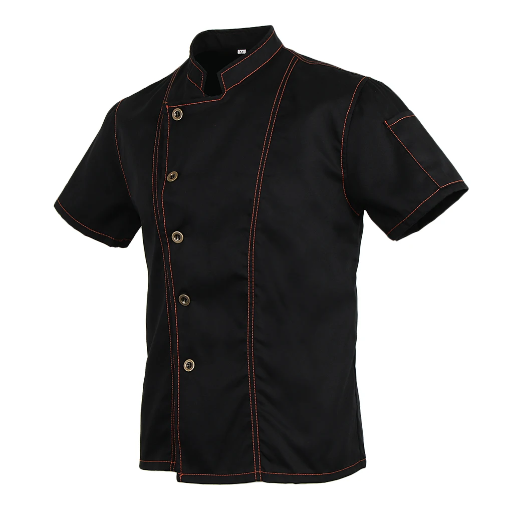 2 Pieces Denim Chef Jacket Coat Short Sleeves Kitchen Uniform Simple and professional tunic design Blue/Black M 