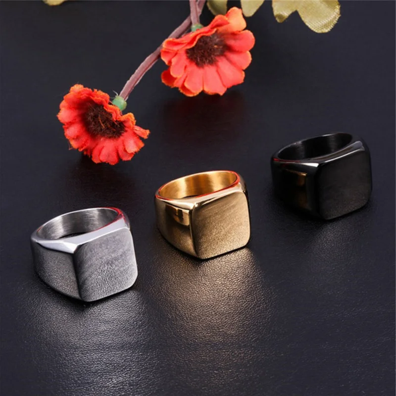 

Square Big Width Signet Rings Titanium Steel Man Finger Silver Black Gold Men Ring Jewelry Anel New