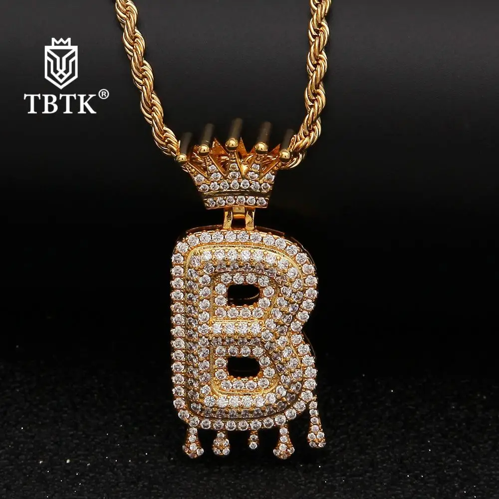 

TBTK Sale 26 English Letters Iced Out Pendant Gold Crown Initial Bubble Letter Drip Charms Jewelry Chain Necklace for Man Hiphop