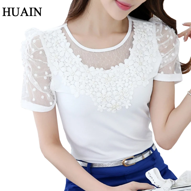 

Beading White Shirt Women Summer 2018 New Short Sleeve T-Shirt Lace Mesh Tees Ladies Korean Women Clothing Fitness Female Tops