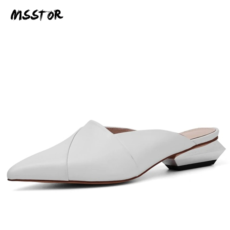 

MSSTOR Pointed Toe Women Slippers Summer Sewing Plus Size Cow Leather Concise Mules Shoes Women Fashion Womens Slippers Outdoor