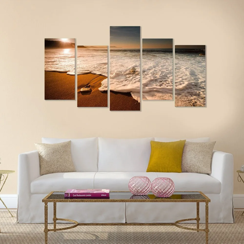 Canvas Painting Modern Home Decor Room Wall Art 5 Pieces Beach Sunrise Sea Wave Seascape Modular Pictures HD Prints Poster Frame