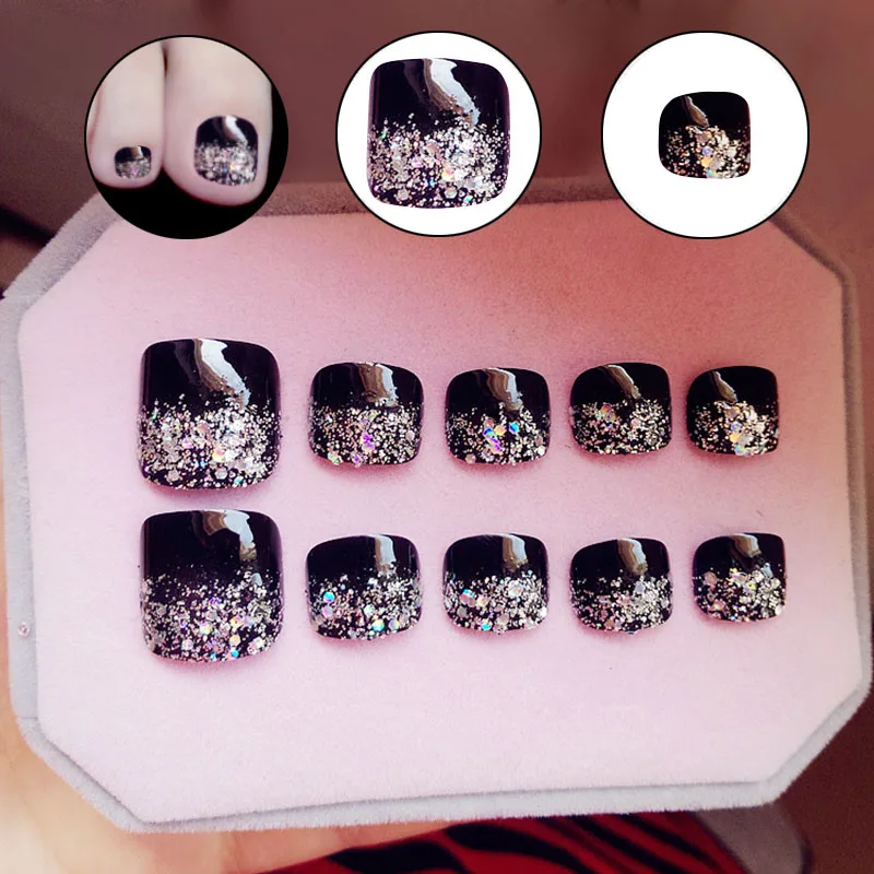 

24 Pcs Shine False Toe Nails Tips Bow Glitters Pedicure Patches Fake Toe Nails Stickers For Women Lady Toe Nail Art FM88