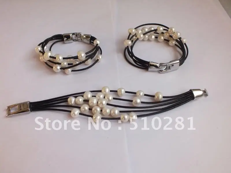 Модные браслеты на запястье-7,5 ''черный кожаный шнурок с 9-10 мм белый пресноводный жемчуг браслет
