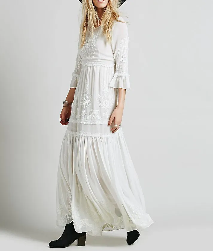 Fashion 2019 Summer Women Ethnic Flower Embroidered Lace Dress Cotton Tunic Long Maxi Flare Sleeve Boho | Женская одежда