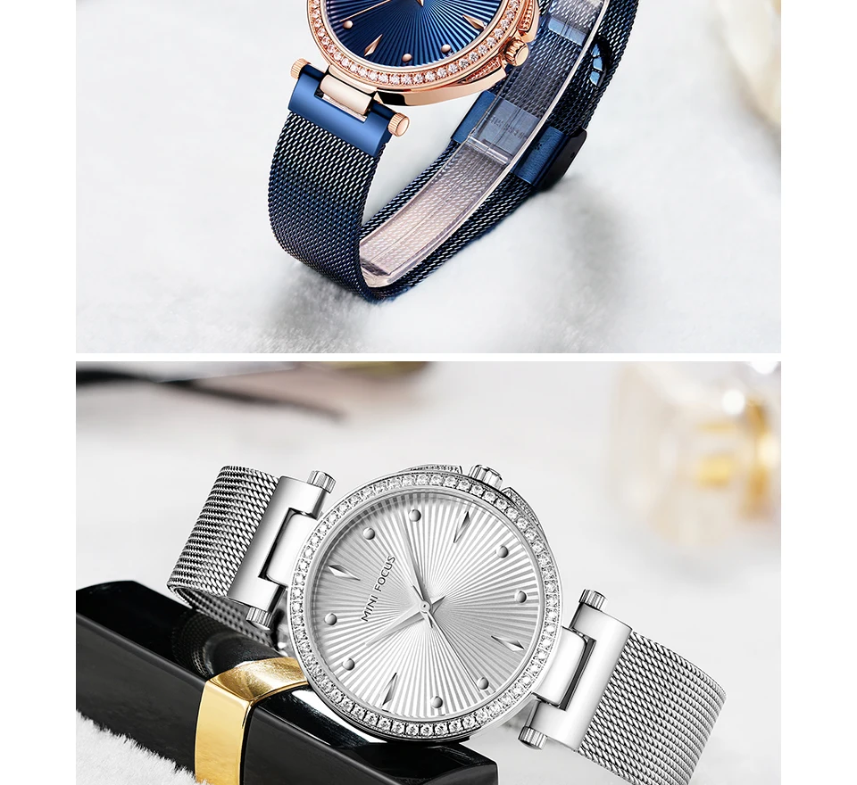 Мини фокус, золотые водонепроницаемые кварцевые женские часы, ультра тонкий сетчатый ремешок, украшенный кристаллами, чехол, женские часы, лучший бренд класса люкс