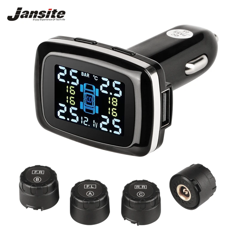 

Jansite Car TPMS Tire Pressure Monitoring System USB port Display Screen four Sensors Cigarette Lighter Real Time Auto Detectors
