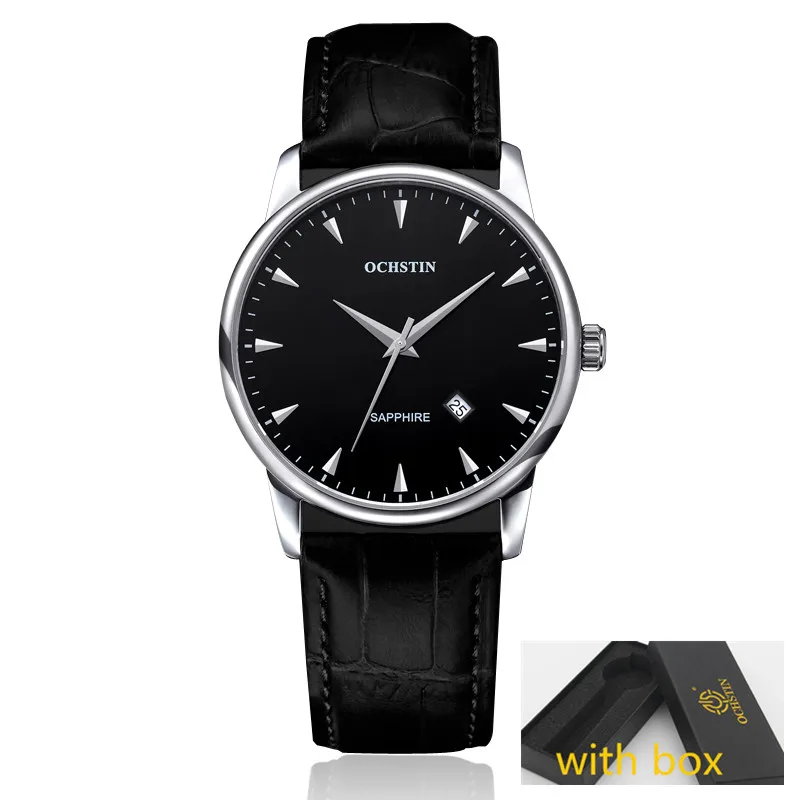 Ochstin новые роскошные брендовые простые кварцевые деловые часы мужские военные повседневные кожаные модные часы мужские Relogio Masculino - Цвет: silver black004B box