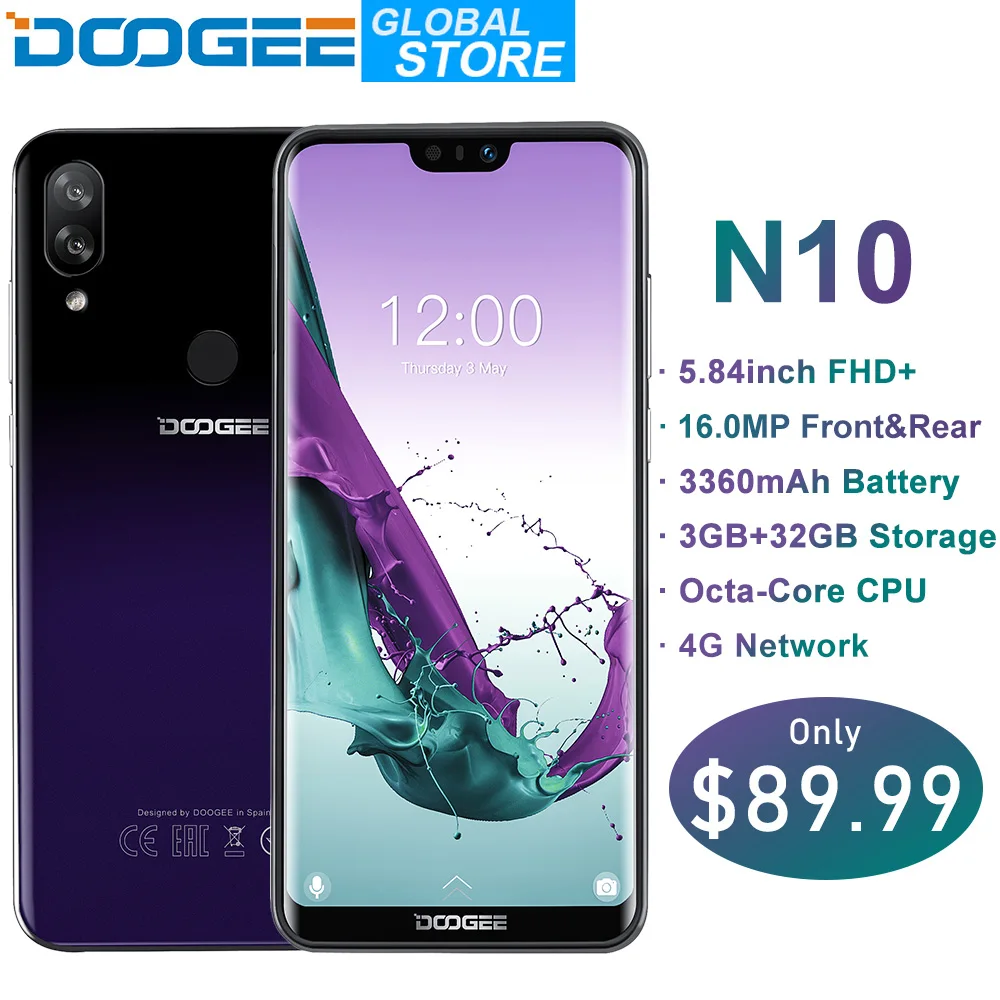 Новый DOOGEE N10 мобильного телефона 16.0MP Фронтальная камера 3360 mAh Android 8,1 4glte Восьмиядерный 3 GB Оперативная память 32 ГБ Встроенная память 5,84 дюйма