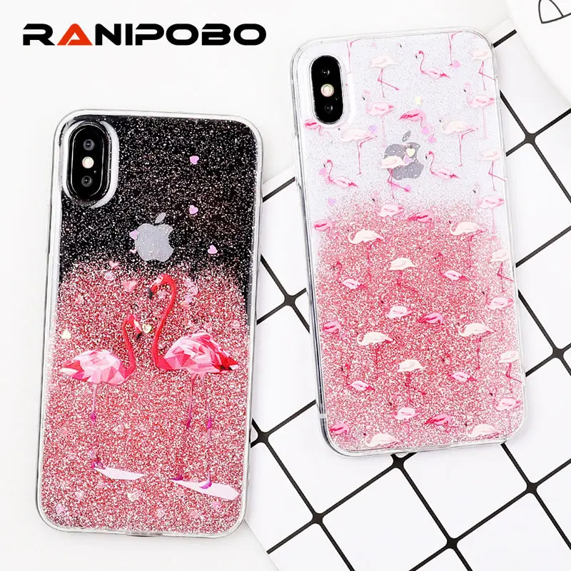 

Fashion Glitter Powder Gradient quicksand Phone Case For iPhone 6 6S 7 8 Plus X Pink Flamingos Soft TPU Phone Back Cover Cases