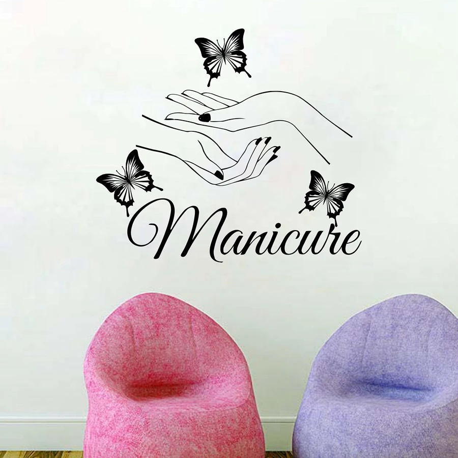 

Beauty Nail Salon Vinyl Wall Sticker Art Manicure Wall Decals butterfly hands Nail Shop Wall Window Art Decoration