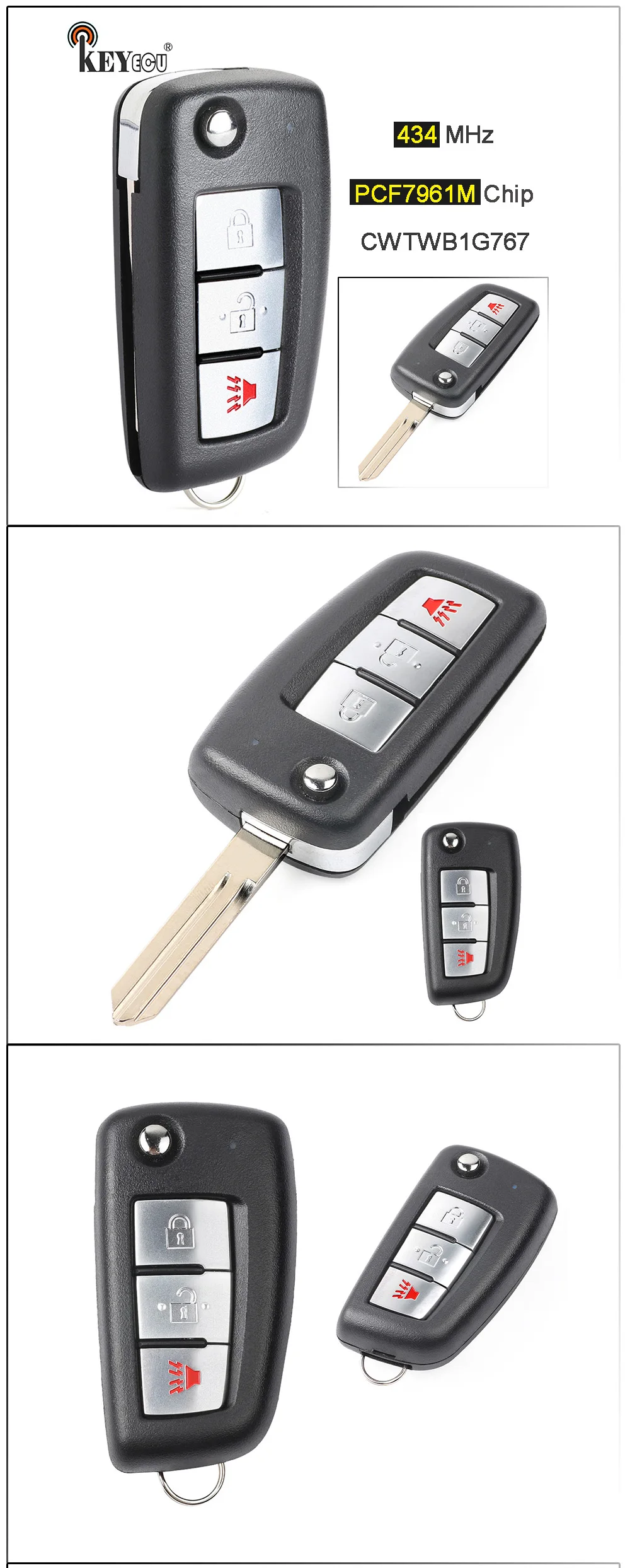 Keyforkess 434MHz PCF7961M Chip ID FCC: CWTWB1G767 sostituzione Flip 3 pulsanti telecomando portachiavi per Nissan Rogue 2014 2015 2016 2017 2018 - HTB16IesaG5s3KVjSZFNq6AD3FXaI