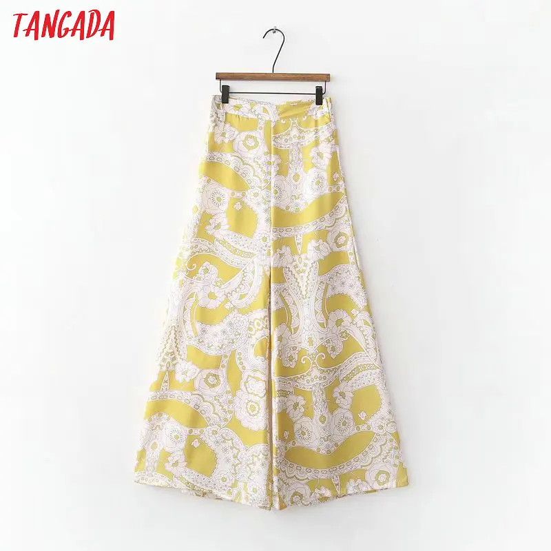 

Tangada Fashion summer Women Floral Print wide leg pants Long Trousers zipper yellow Pants 2019 Cozy Casual Female XD293