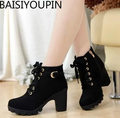 Achat 2018 Nouveaux Talons Épais Bottes de Haute Chaussures Femmes Talons Femmes Talons Épais et Martins Bottes 35 41