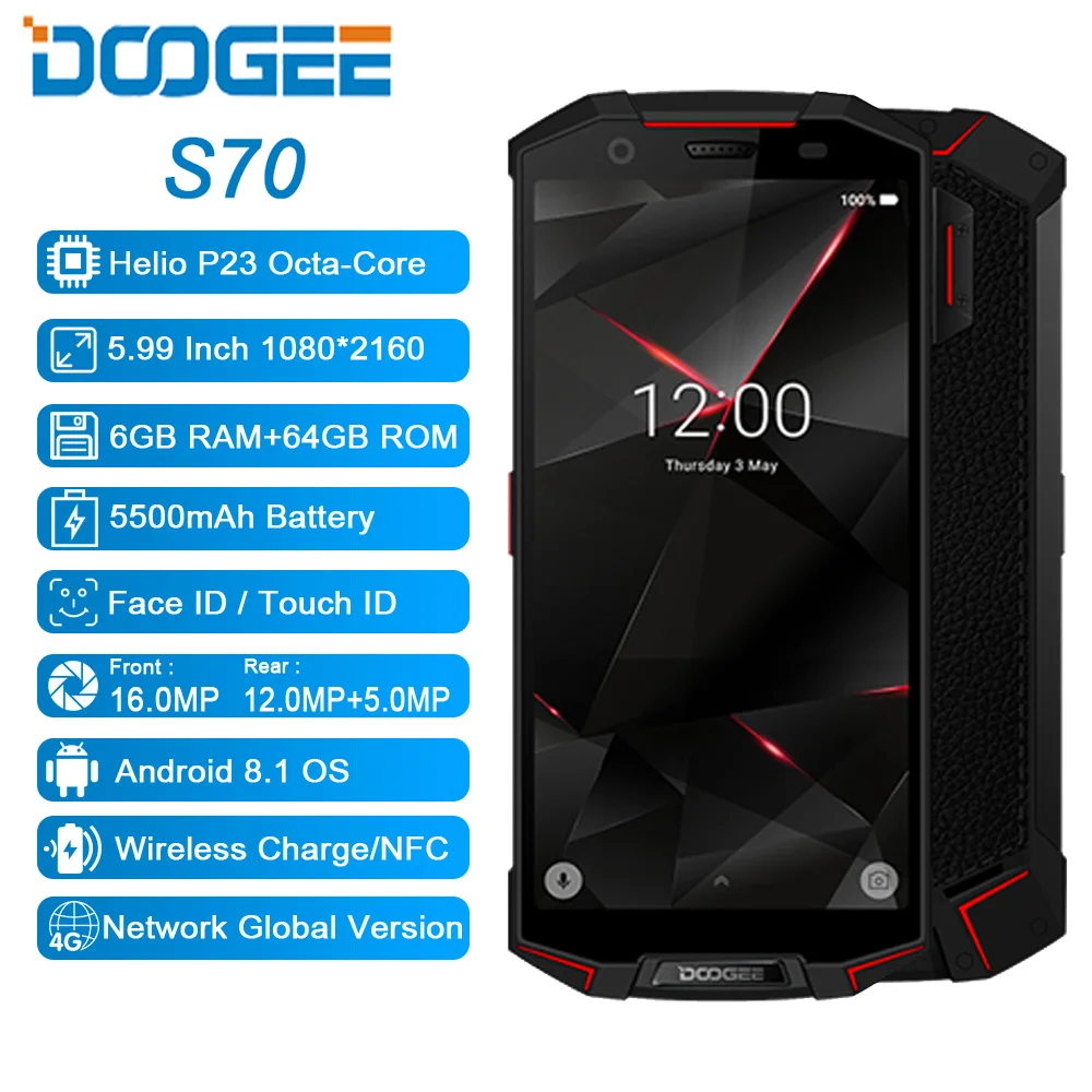 IP68/IP69K водонепроницаемый DOOGEE S70 мобильный телефон NFC 5500 мАч 12V2A Быстрая зарядка 5,9" FHD Helio P23 Восьмиядерный 6 ГБ 64 Гб 4G смартфон