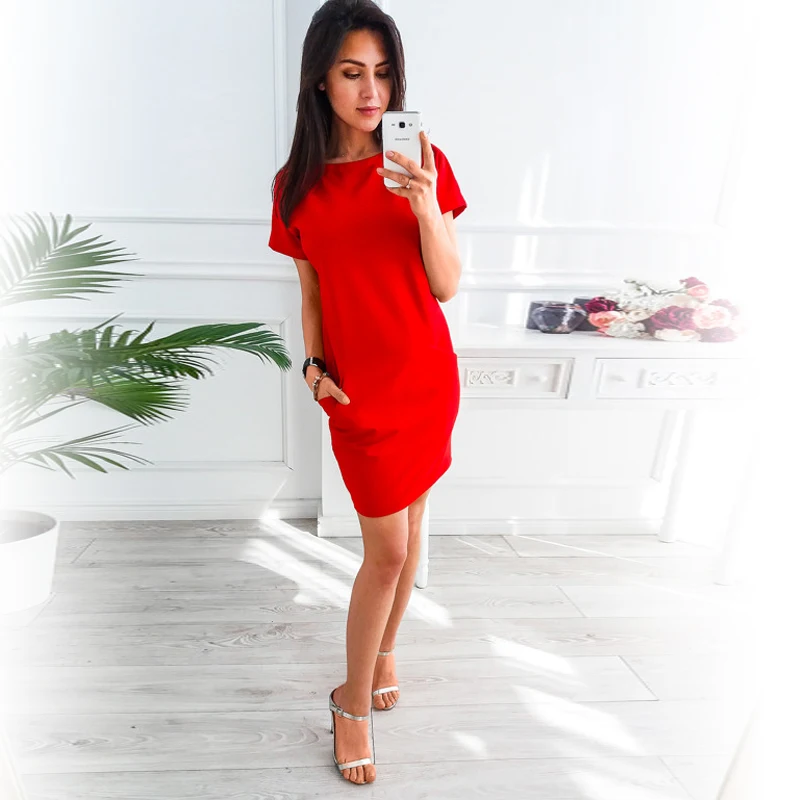 O-neck Short Sleeve Solid Party Dress Loose Straight Fashion Pockets Elegant Feminina Vestidos Casual Vintage Women Summer 2020 jumper dress