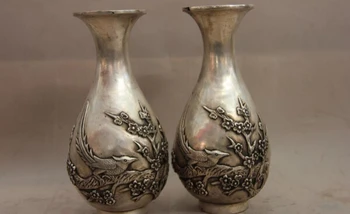 

song voge gem S1543 China White Copper Silver Plum blossom Flower Bird Blessing Fu Pot Vase Pair