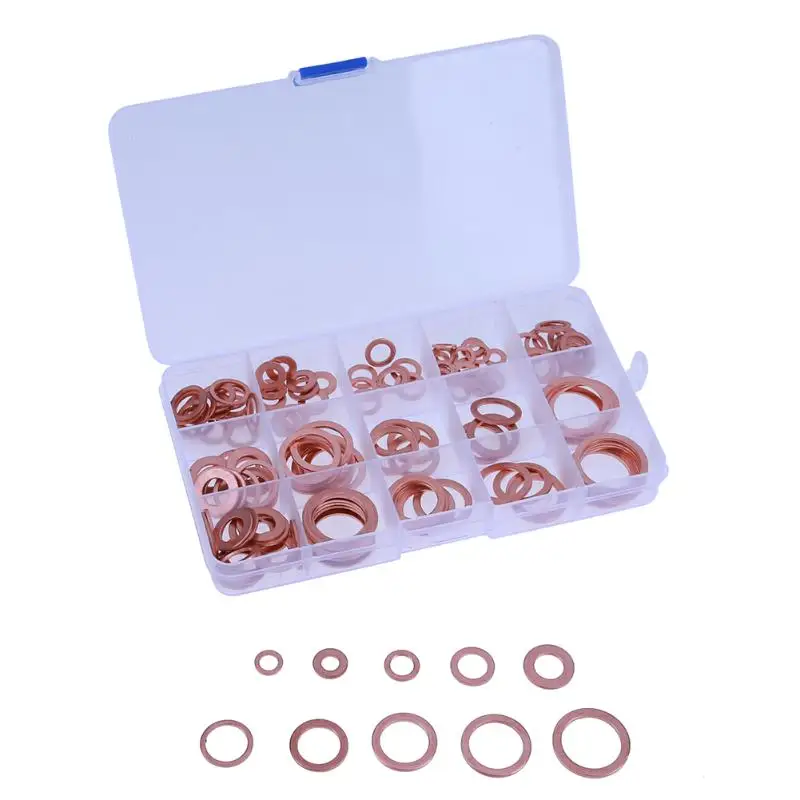 

150pcs 15 Sizes Metric Copper Washer Gasket Set Flat Ring Washers Seal Assortment Set Kit M5-M22 with Box Hardware Accessories