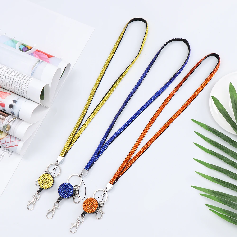 Unisex ID Card Holder Neck Strap Rhinestone Retractable Reel Hanging Rope Lanyard Lightweight Neck Strap Office Supplies