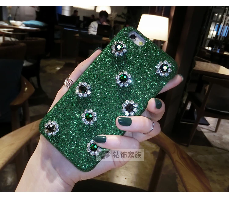 

Luxury Emerald Rhinestones Shiny Soft TPU Half Back Cover Case For iPhone 8/6s 7plus Skin Shell Protection