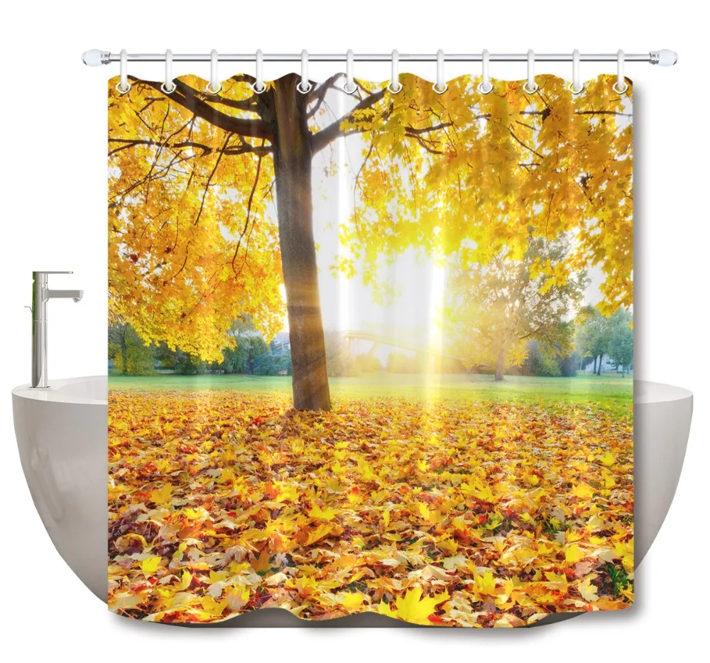 

LB 3d Fallen Leaves Tree Scenery Shower Curtain Autumn Nature with Mat Set Waterproof Bathroom Fabric For Art Bathtub Decor