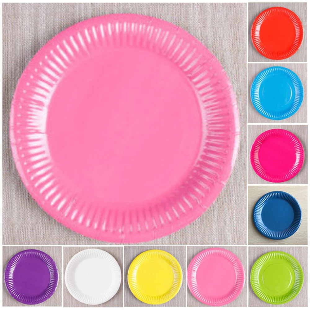

Round Paper Plates Plain Solid Colours Plastic Catering Birthday Party Tableware 9 Colors Optional 20Pcs/set