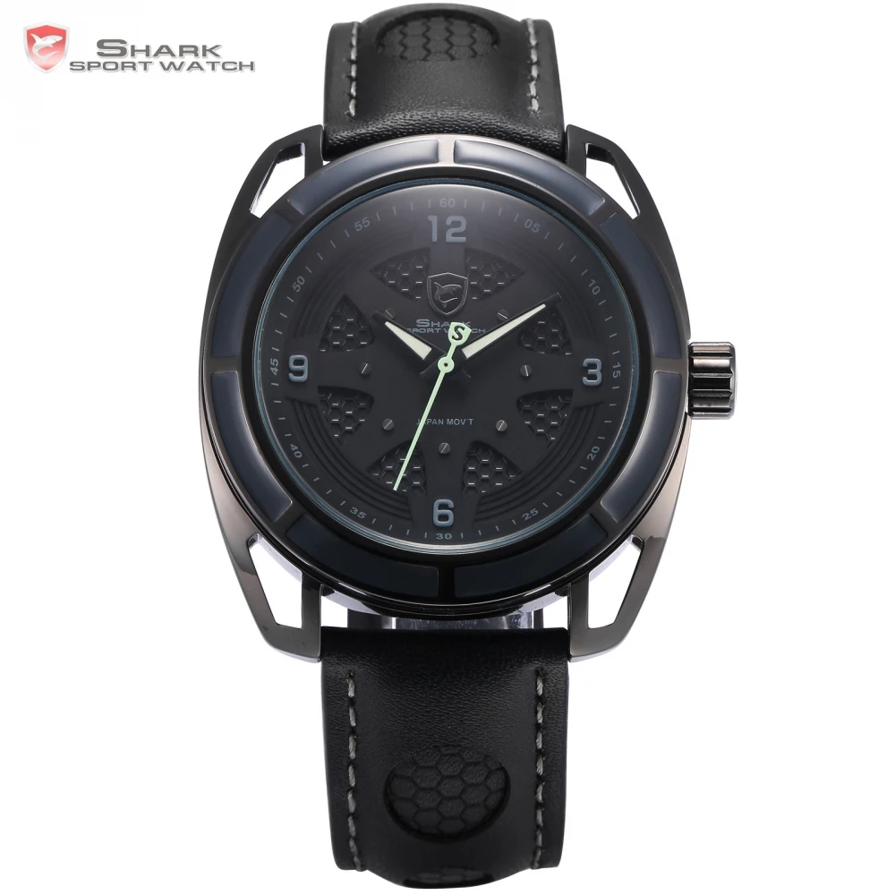 Thresher Shark Sport Watch Full Black Hollow Case Dial Luminous White Hands Leather Band Quartz Men