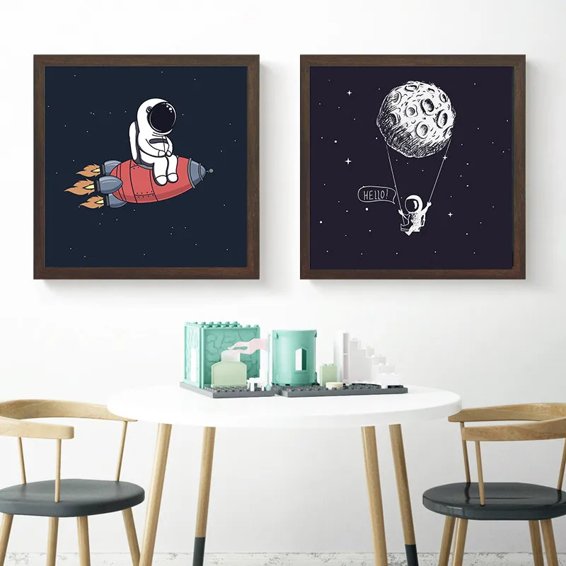 Скандинавский мультфильм космонавты и ракеты рисунок с Луной узор современный плакат настенный Арт плакат комплект спальня гостиная домашний Декор картина
