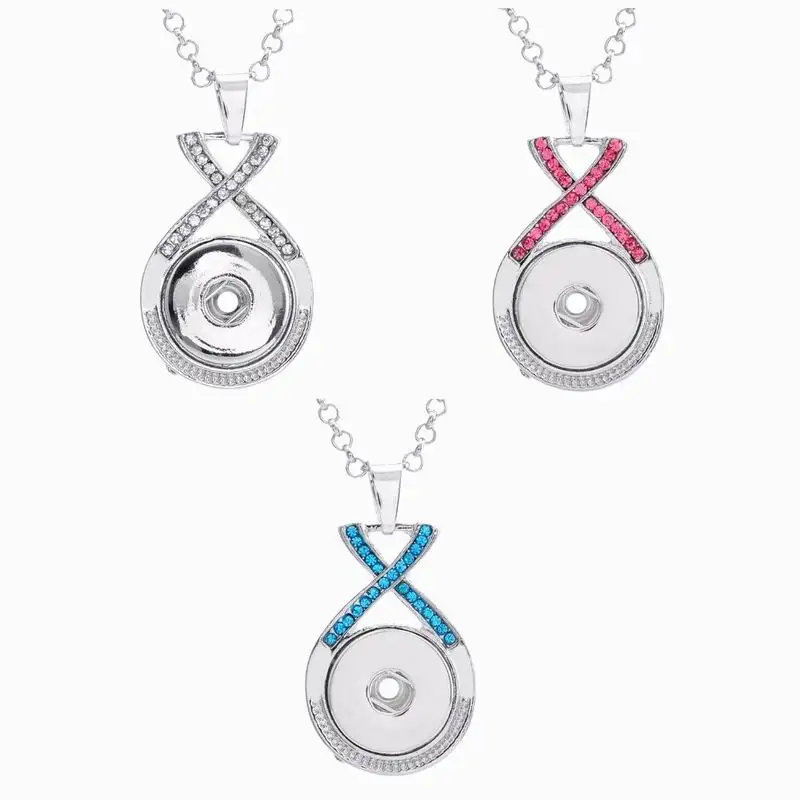 

3Colors Rhinestone Infinity Shape Metal Pendant Snap Button Necklace With 50cm Chain Fit 18mm Button Snaps DIY Snaps Jewelry