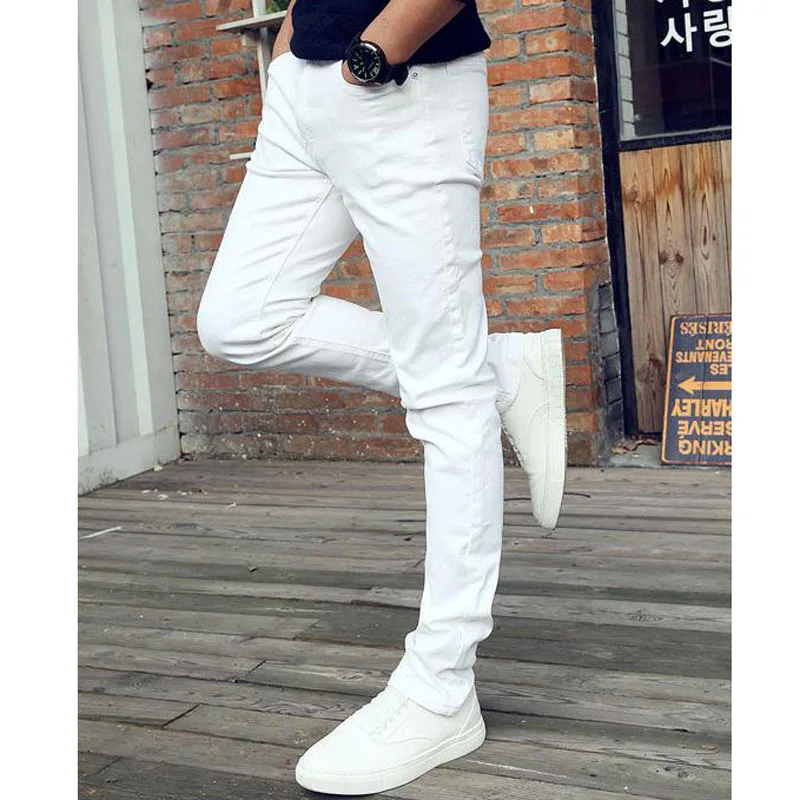Высокое качество модные Молодежные повседневные деловые белые Стрейчевые мужские джинсы мужские брюки узкие брюки для подростков pantalon hombre