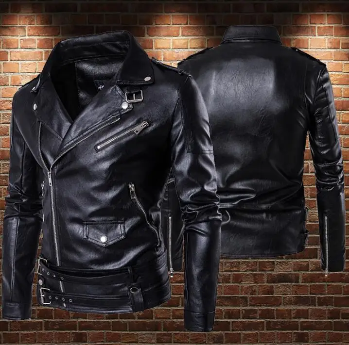 

Black brown motorcycle leather jacket men Punk diagonal zipper Stand collar mens leather jackets and coats biker plus size 5XL