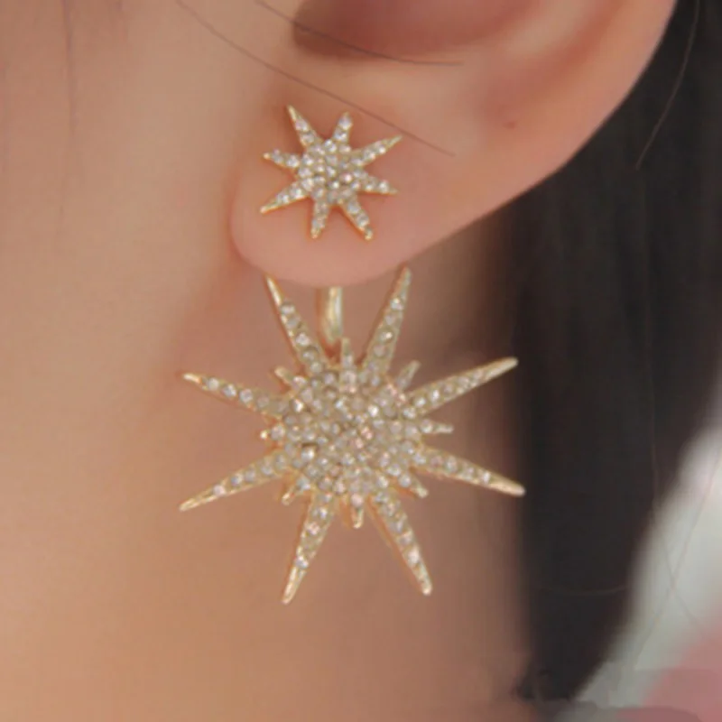 2 PCS Geometric Luxury Double Star Snowflake Dangle Earrings For Women Classic Hexagram Ear Jacket Jewelry Gold Silver
