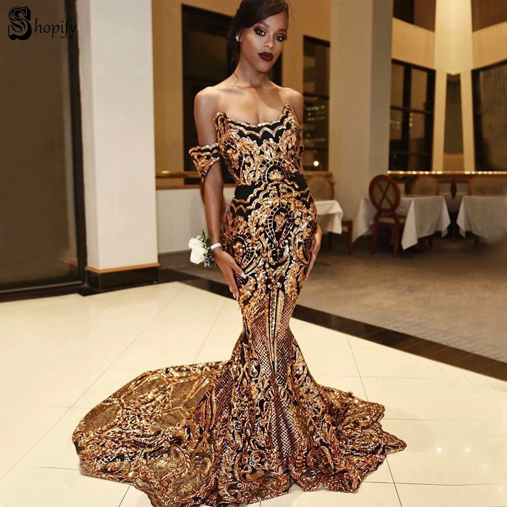 Long Sparkly Glitter Prom Dresses 2019 Mermaid Cap Sleeve Gold Sequin Lace African Women Sexy New Prom Dress