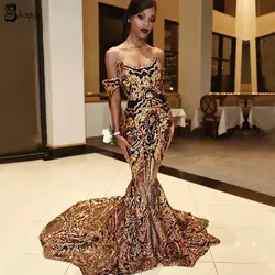Длинные Блестящий глиттер платье для выпускного вечера es 2019 Русалка приталенный силуэт золотые блестки кружево Африканский для женщин