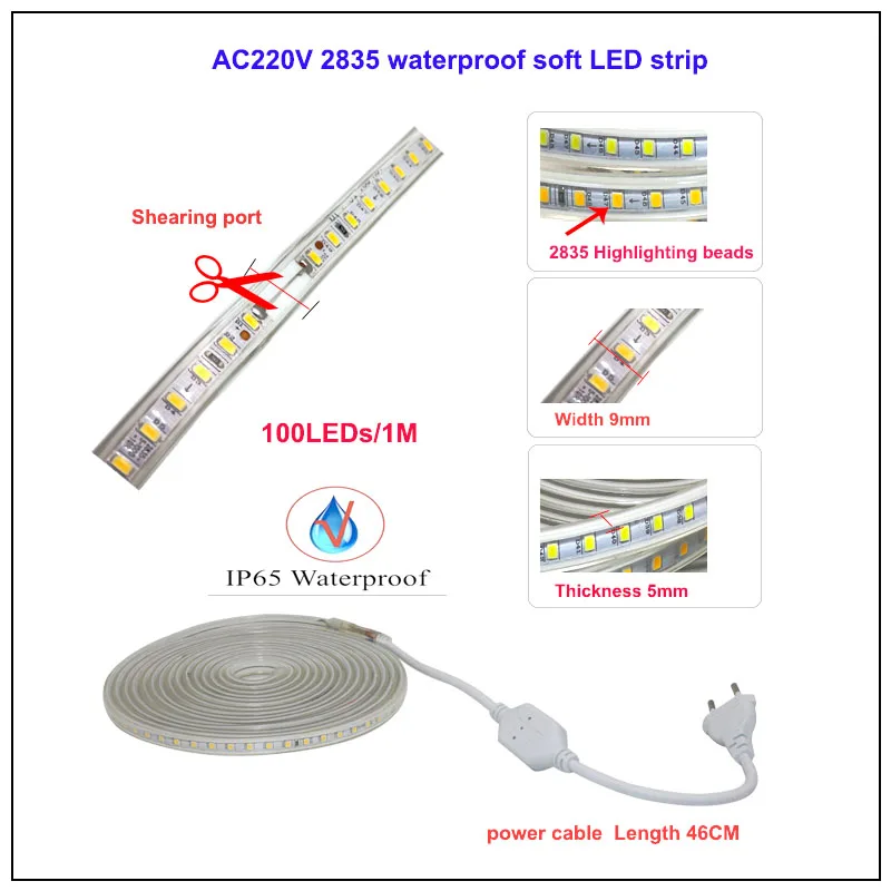 AC220V ЕС 2835 светодиодные полосы водонепроницаемый 100 светодиодный s/m светодиодный Диод светодиодная лента полоса светодиодный свет для
