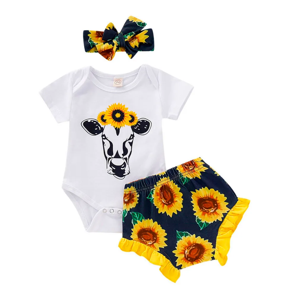

MUQGEW girls clothes children's clothing girl Baby Toddler Girls Kids Clothes Cartoon Printed Romper+Sunflowers Shorts Outfits