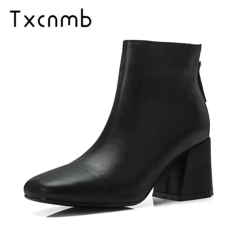 

TXCNMB Women Genuine Leather High Heels Ankle Boots Ladies Dress Wedding Shoes Woman Round Toe Spring Autumn Boots Large Size 43