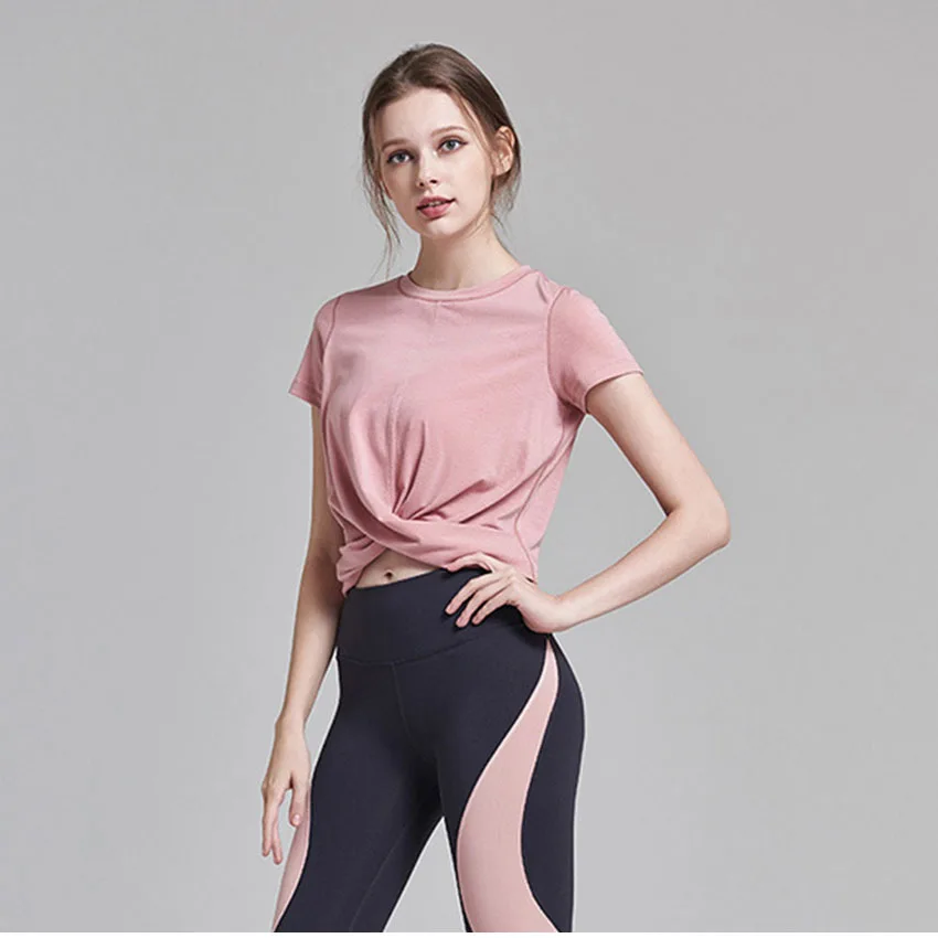 Cute Front Cross Yoga T-shirts Short Sleeve Fitness Clothing Women Gym Workout Crop Tops Quick-drying Running Sport Shirt Ladies