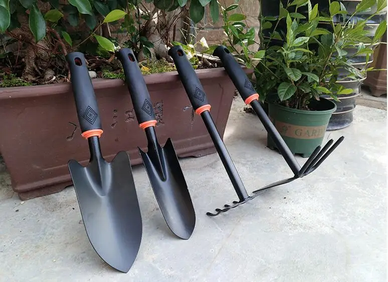Черная Лопата комбинация из четырех частей садовый инструмент резиновая ручка металлическая Лопата+ грабли+ лопата садовник бонсай инструмент