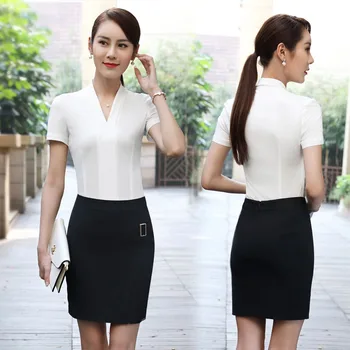 

Slim Fashion Elegant White 2017 Summer Formal Business Work Suits With 2 Piece Tops And Skirt Ladies Uniforms Outfits Plus Size