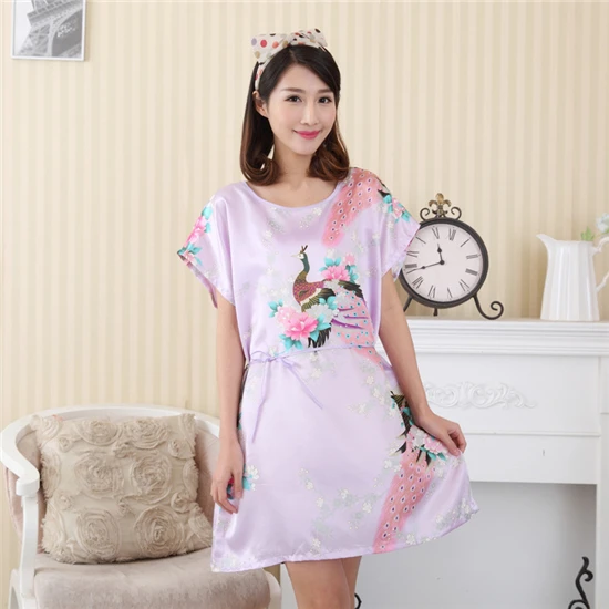 Модные китайские стильные платья для сна женские круглые шеи печатные имитация анти-шелковые ночные рубашки пижамы летние женский пеньюар
