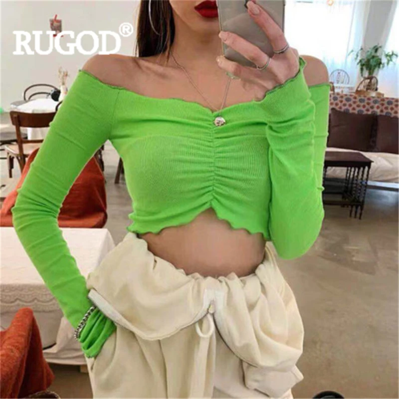 

RUGOD Women t-shirt slim midriff outfit stringy selvedge sexy top slash neck long sleeve tee elagant 2019 new summer Fashion