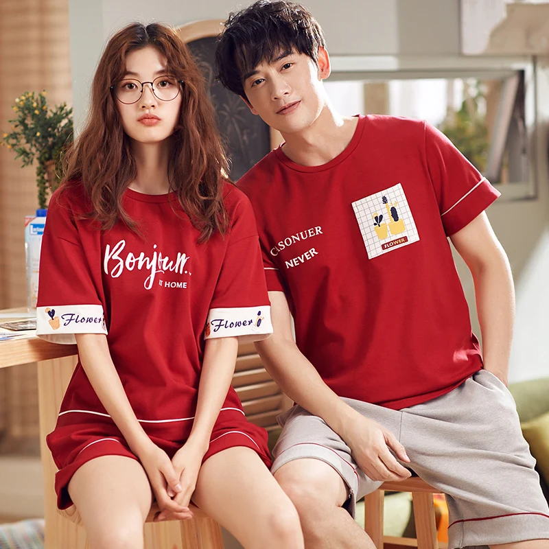 Women's Pajamas in summer Cotton sleepwear Couple lovers Men Short sleeve Sleep short Couple Lounge Pajama Set Women's Pajamas in summer Cotton sleepwear Couple lovers Men Short sleeve Sleep short Couple Lounge Pajama Set
