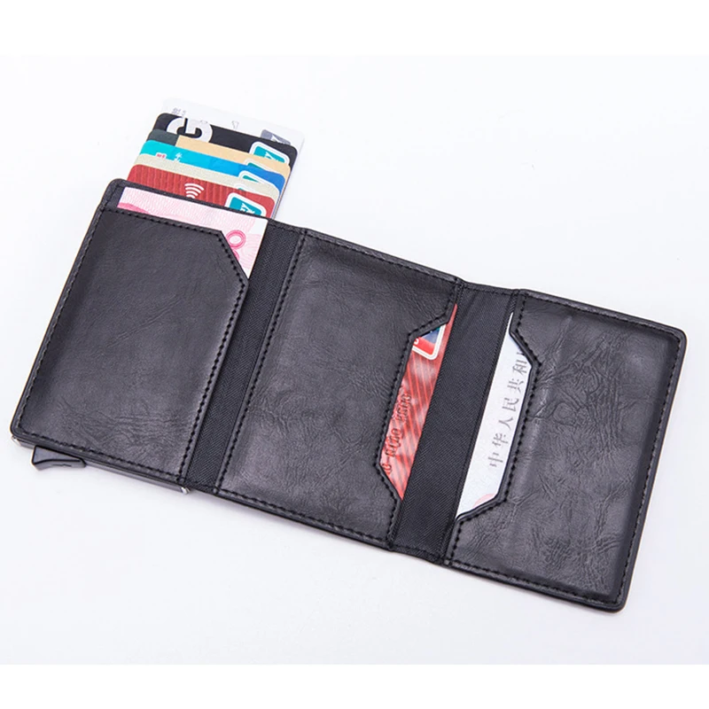 

Bycobecy New Business Men's Card Holder Multi-function Aluminum Automatic Pop-up zipper Card RFID Anti-theft Credit Card Wallet