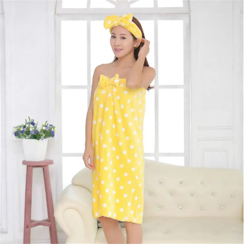 yellow 2 шт./компл. в разноцветный горошек милые фланелевые впитывающие Обёрточная бумага тела спа-ванна Для женщин из микрофибры, повязка на голову с бантом+ ванна Полотенца аксессуары для душа - Цвет: yellow