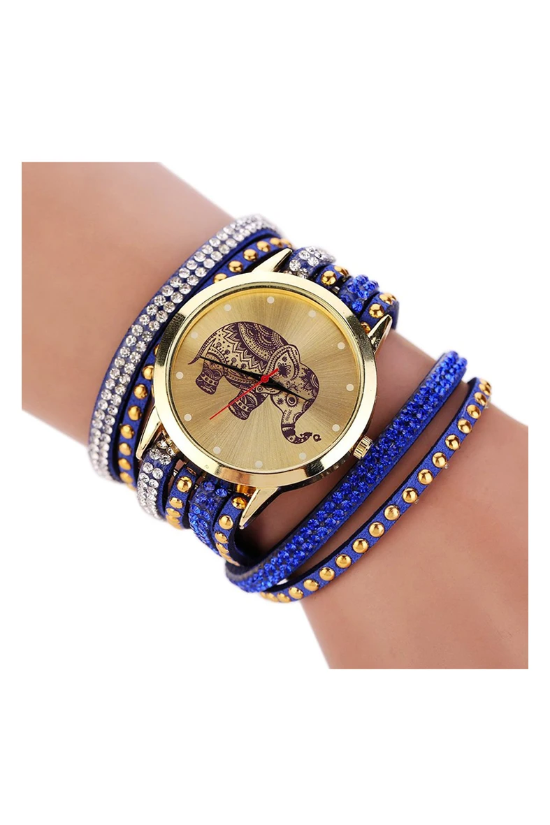 

YCYS!Women Elephant Dial Rivets Multi Layers Faux Leather Wrap Wrist Watch Sapphire Blue